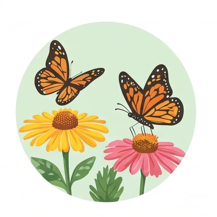 Two monarch butterflies on yellow and pink daisies
