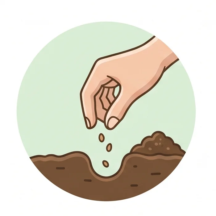 A hand scattering seeds onto dark soil