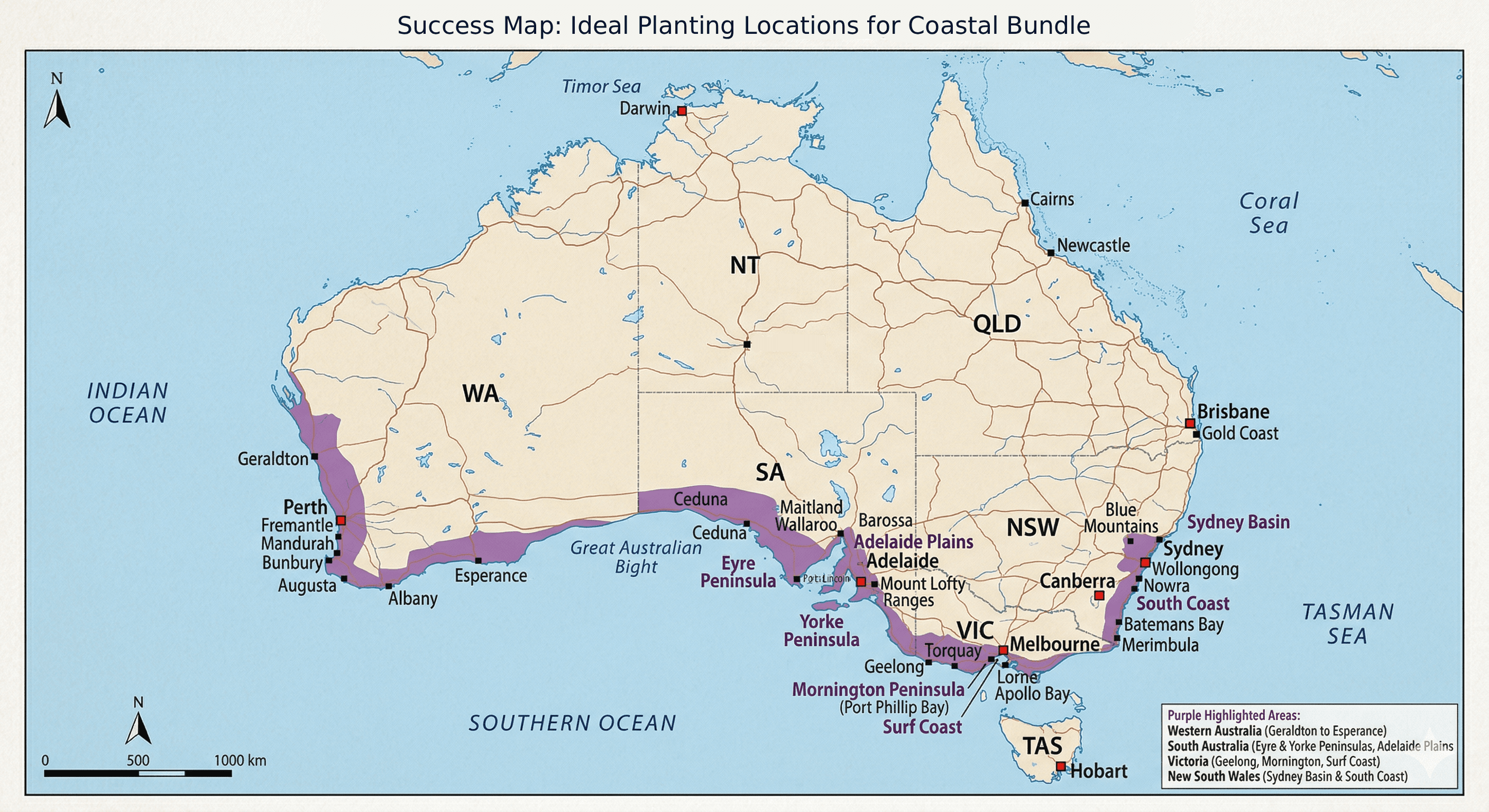 Map showing where the Coastal Bundle thrives across Australia — WA, SA, VIC and NSW coastlines