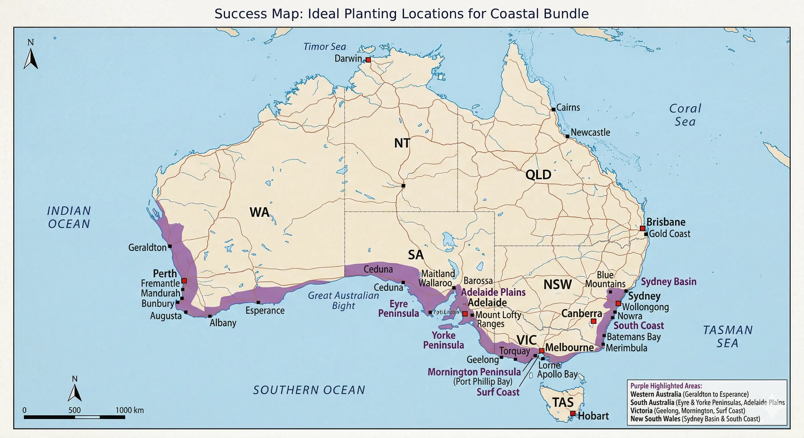 Map showing where the Coastal Bundle thrives across Australia — WA, SA, VIC and NSW coastlines