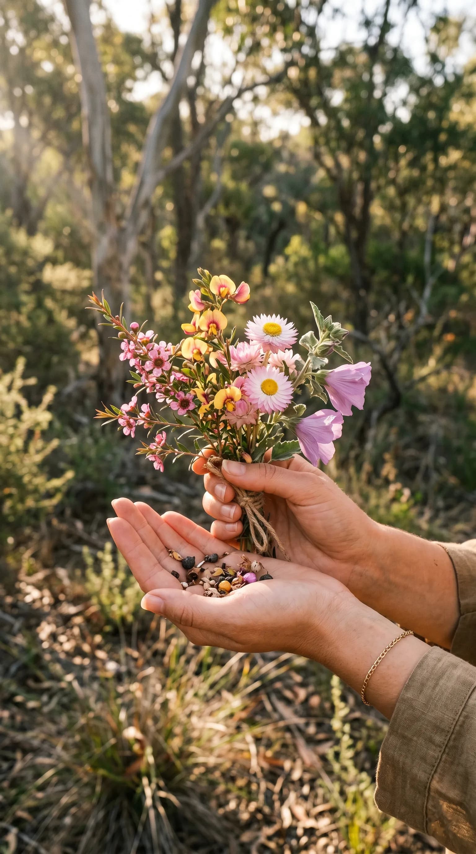 Tea tree, painted lady, everlastings and hibiscus tied in a posy, with a palm of seed in the other hand